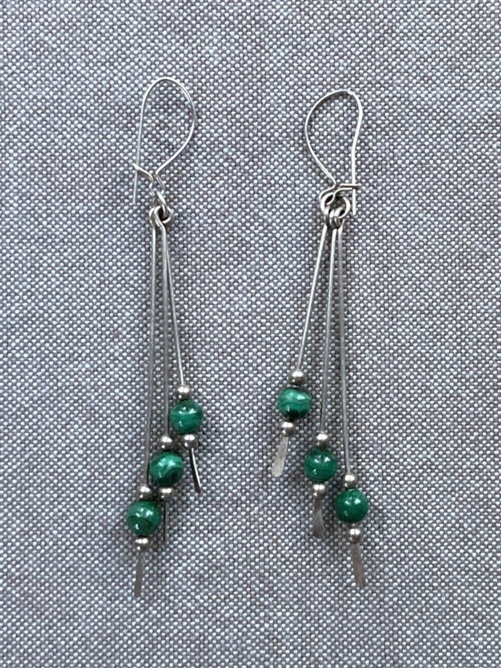 Artisan Sterling Silver Malachite Dangle Earrings Handmade Modernist , 2.5” long